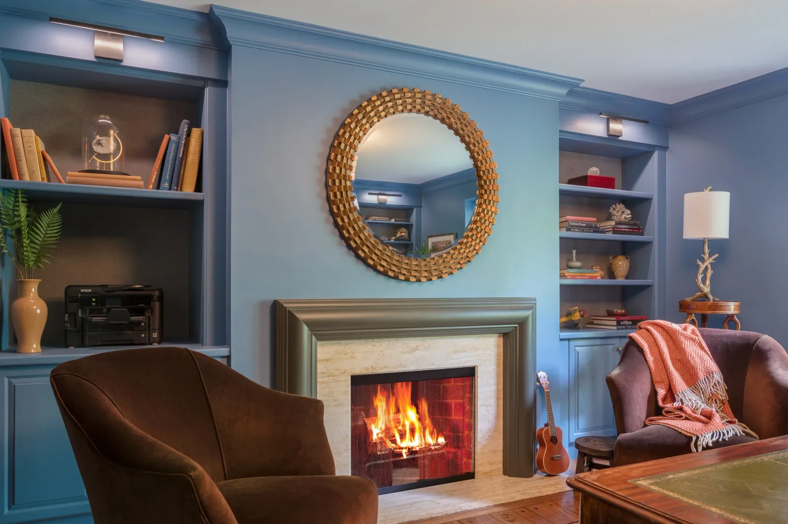 Southlands Renovation — blue sitting room with fireplace