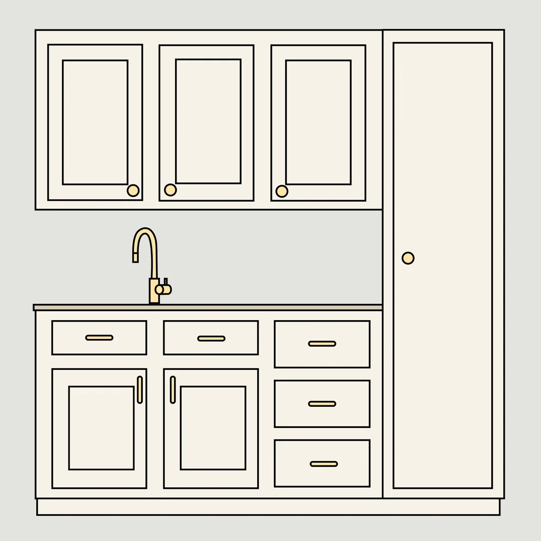 Knobs above, pulls below